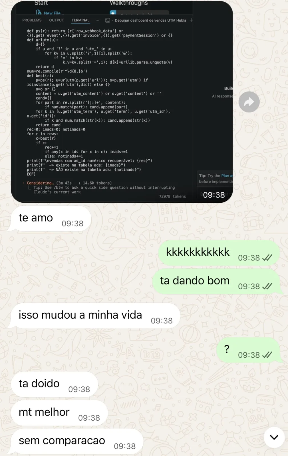 Depoimento de aluno da masterclass no WhatsApp