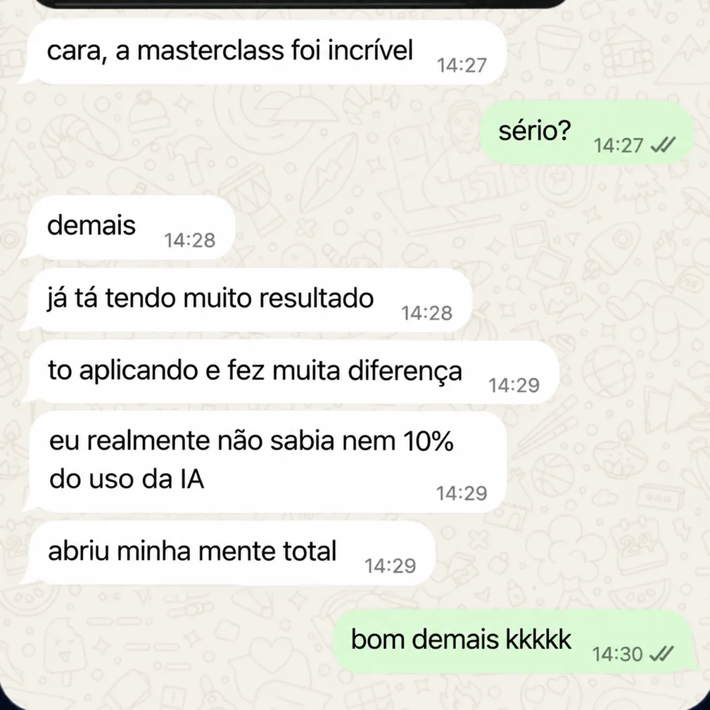 Depoimento de aluno da masterclass no WhatsApp