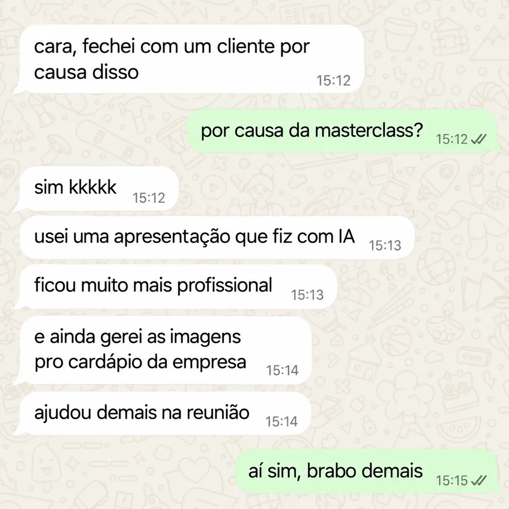 Depoimento de aluno da masterclass no WhatsApp